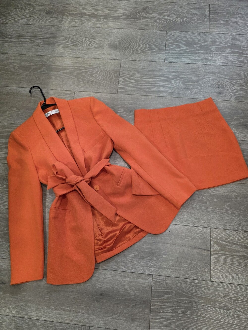 Zara Orange Belted Blazer with Matching Skirt